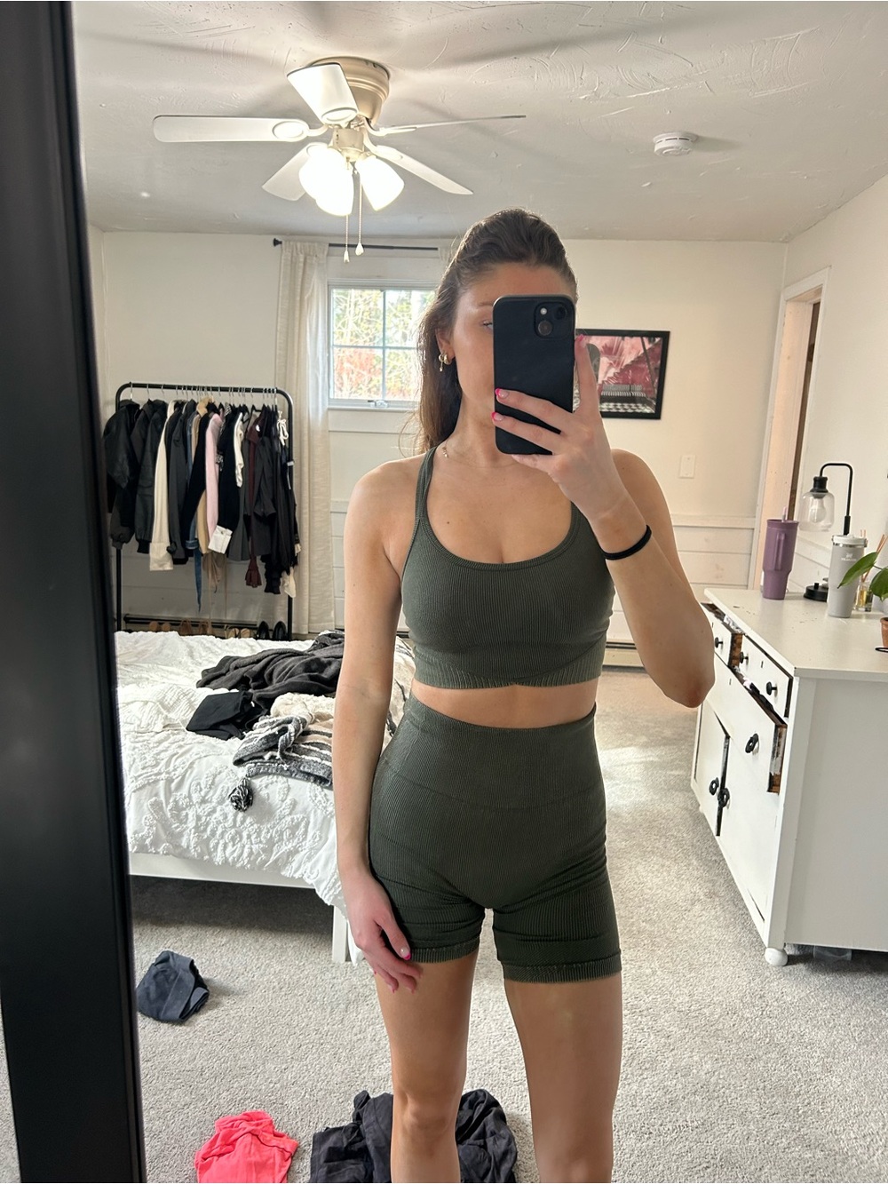 Ribbed Olive Green Sports Bra & High-Waist Bike Shorts Set